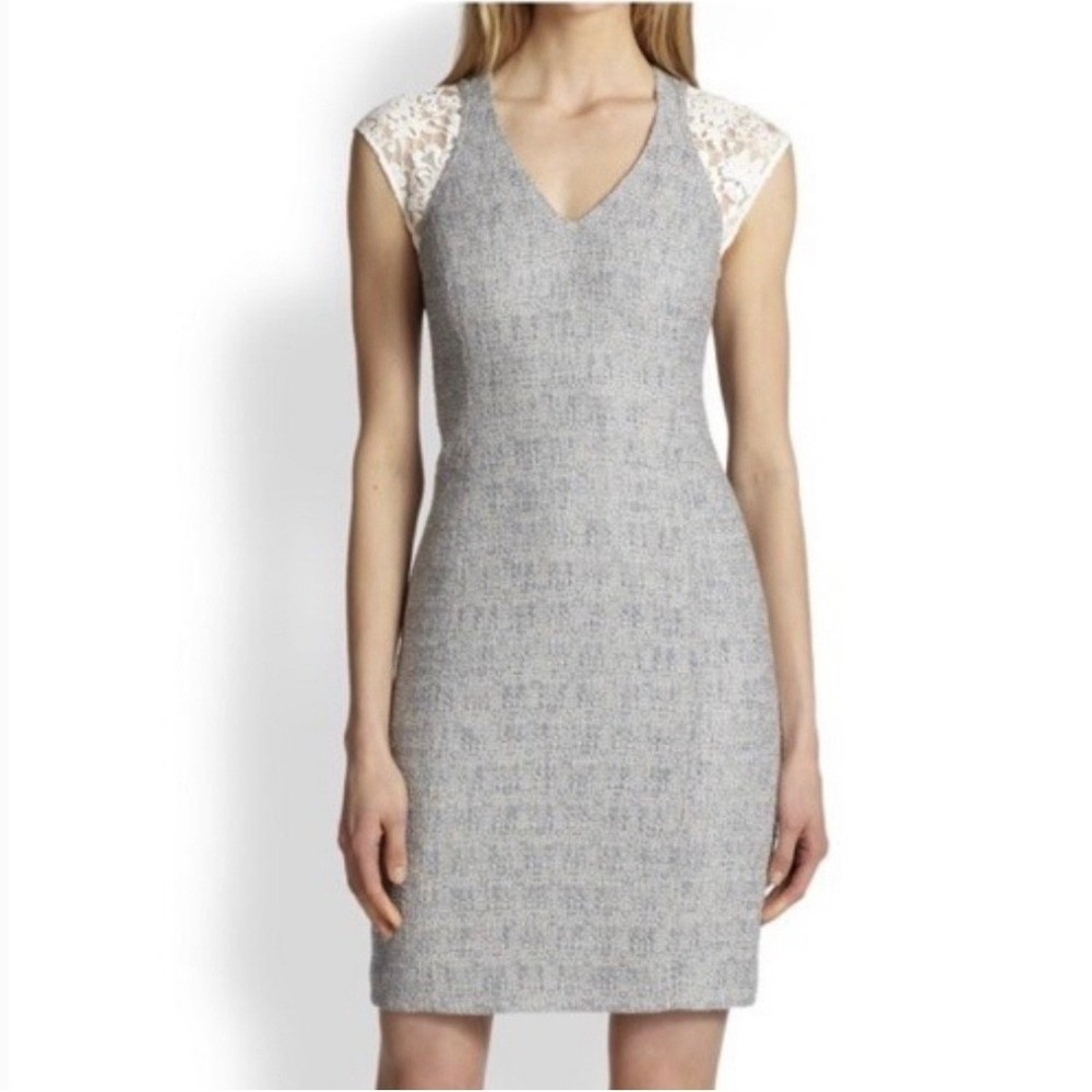 Rebecca Taylor Blue Tweed Lace Cap Sleeve Sheath Dress‎ V-Neck 8 Sophisticated